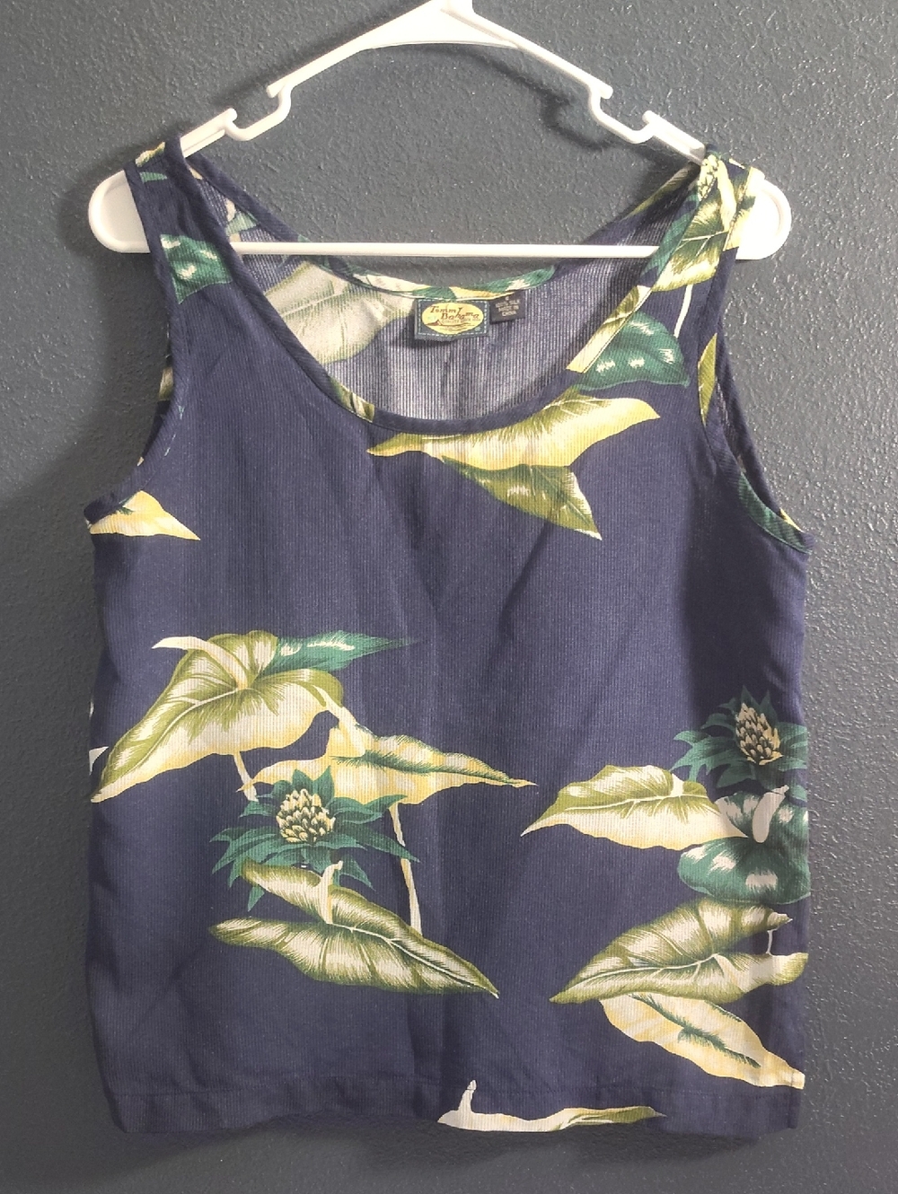 Tommy Bahama Silk Navy Tank Top with Green and Cream Tropical Leaves